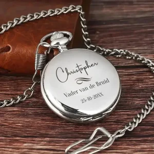 Dubbel Zilver Zakhorloge Skeleton Design – Gegraveerd met Eigen Tekst
