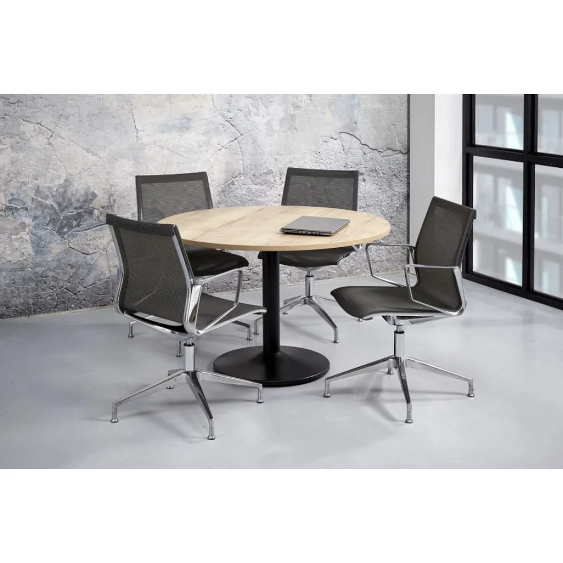 Manhattan Ronde Vergadertafel Ø120CM 4 personen - Zuilpoot - Licht Eiken - Wit onderstel - Afbeelding 7