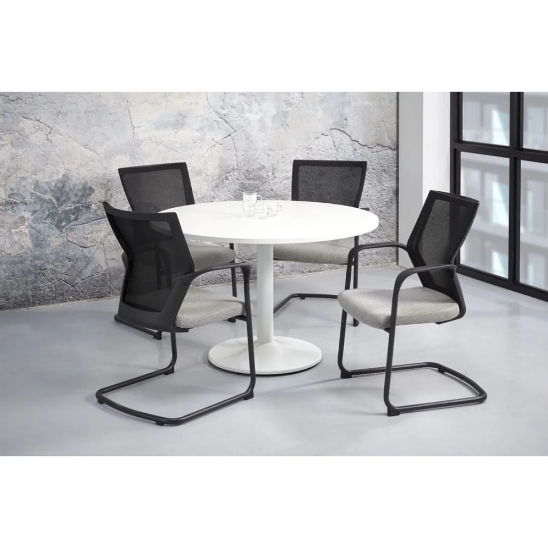 Manhattan Ronde Vergadertafel Ø120CM 4 personen - Zuilpoot - Wit Blad - Wit onderstel - Afbeelding 3