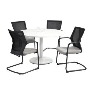 Manhattan Ronde Vergadertafel Ø120CM 4 personen - Zuilpoot - Wit Blad - Wit onderstel